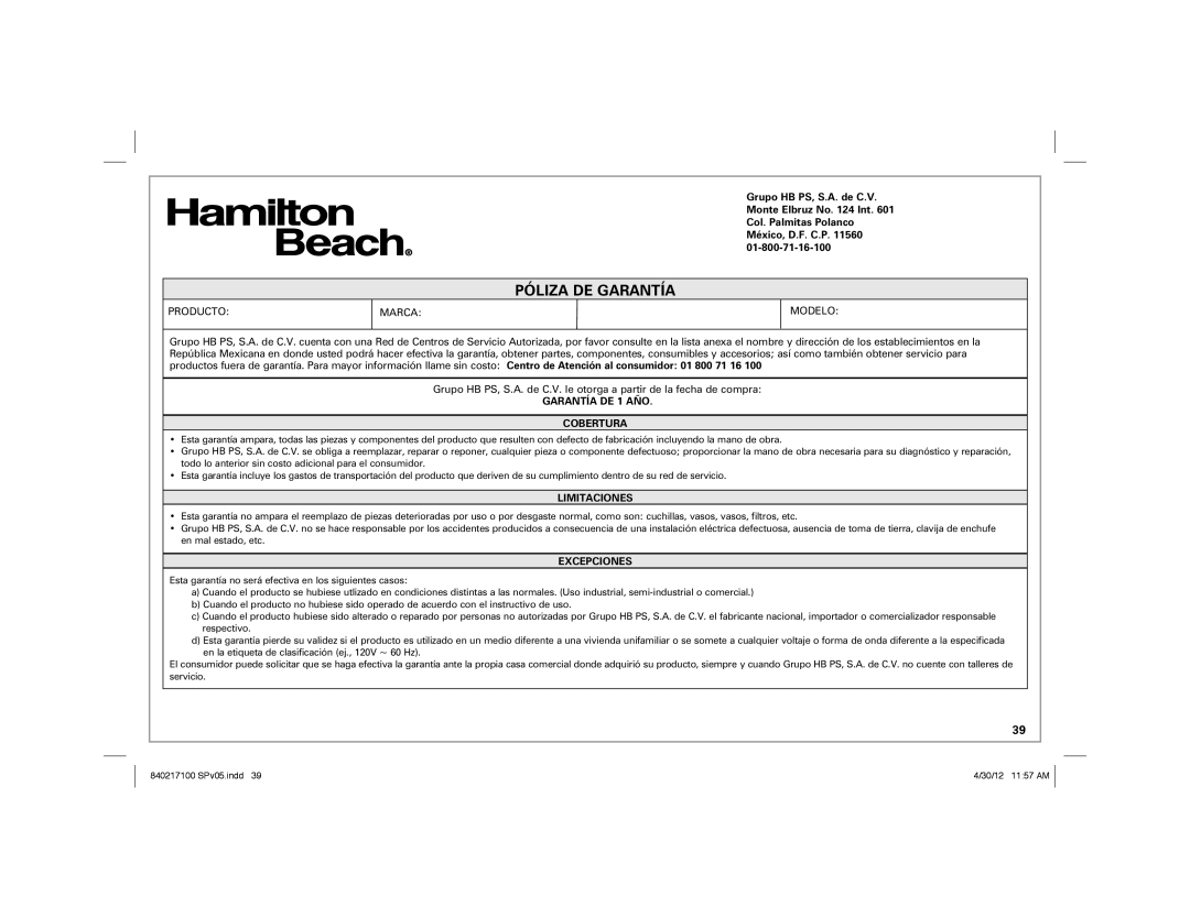 Hamilton Beach 35021 manual Póliza De Garantía, GARANTÍA DE 1 AÑO COBERTURA, Limitaciones, Excepciones 