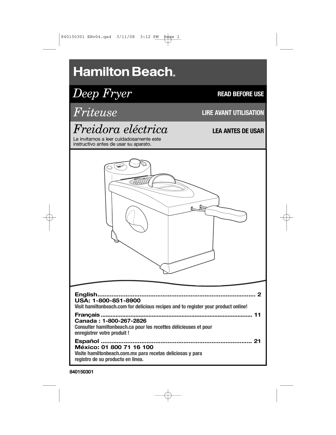 Hamilton Beach 35030C manual English USA Français Canada, Español México 01 800 71 16 