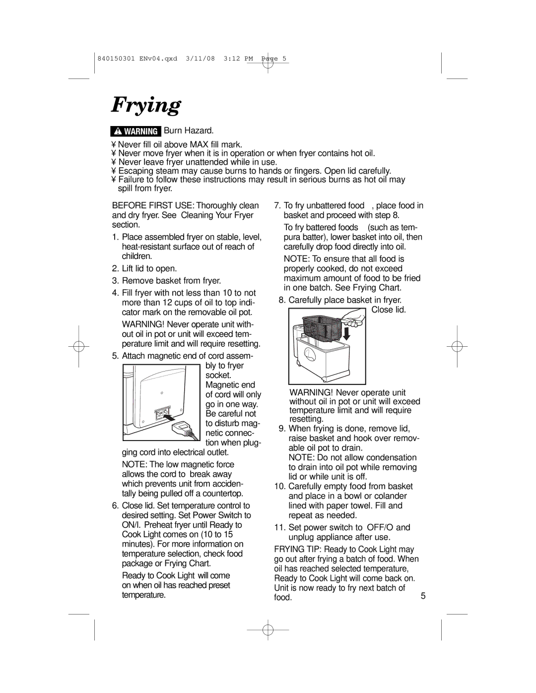 Hamilton Beach 35030C manual Frying, Before First USE Thoroughly clean 