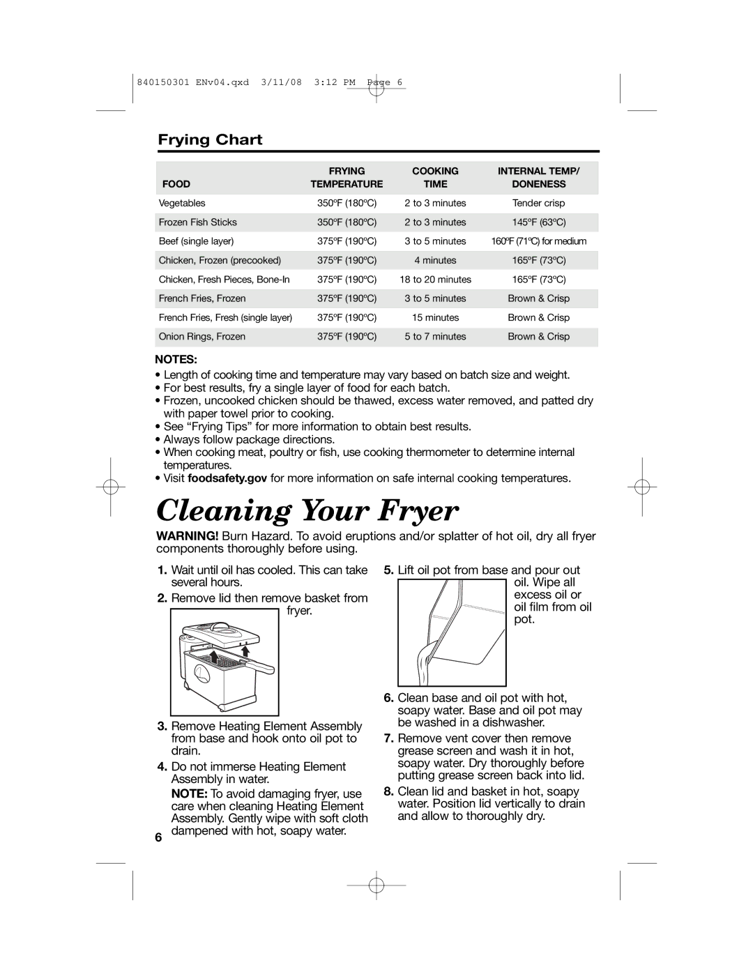 Hamilton Beach 35030C manual Cleaning Your Fryer, Frying Chart 