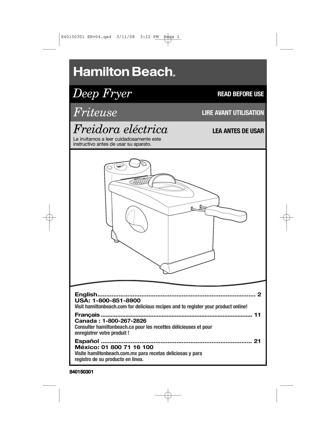 Hamilton Beach 35030C manual Lire Avant Utilisation, Lea Antes De Usar, Read Before Use, Deep Fryer Friteuse 