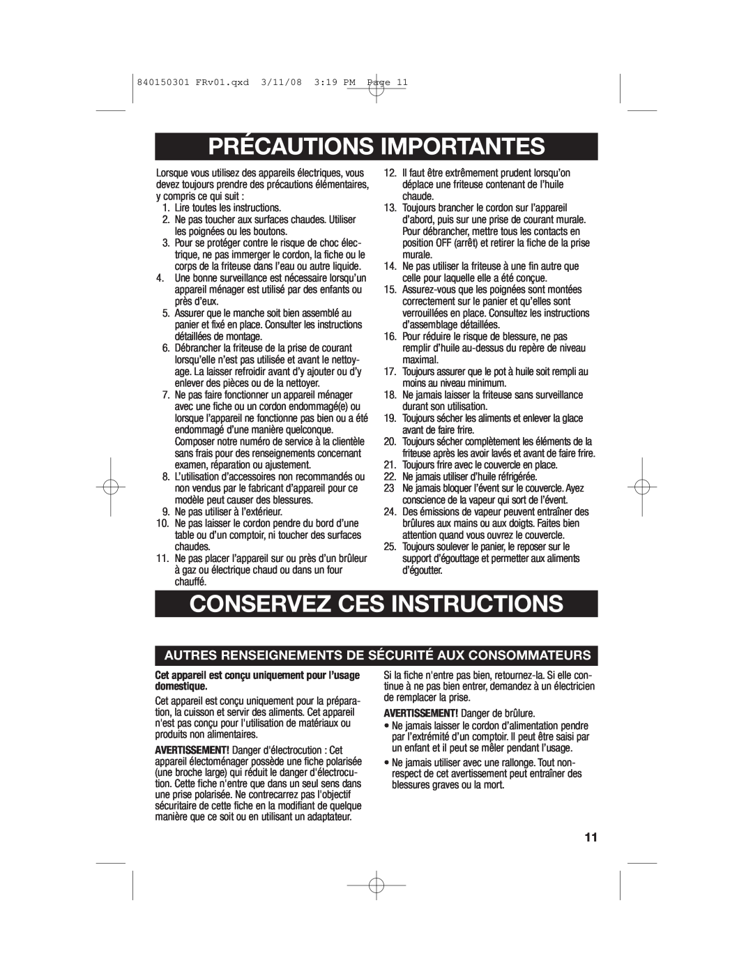 Hamilton Beach 35030C manual Précautions Importantes, Conservez Ces Instructions 
