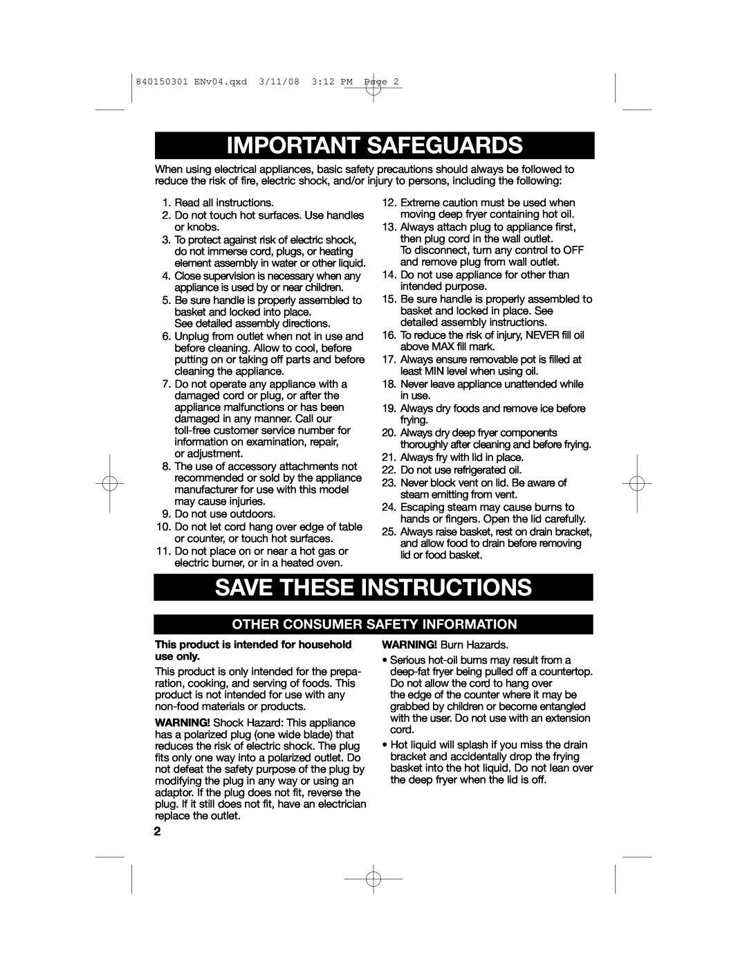 Hamilton Beach 35030C manual Important Safeguards, Save These Instructions, Other Consumer Safety Information 