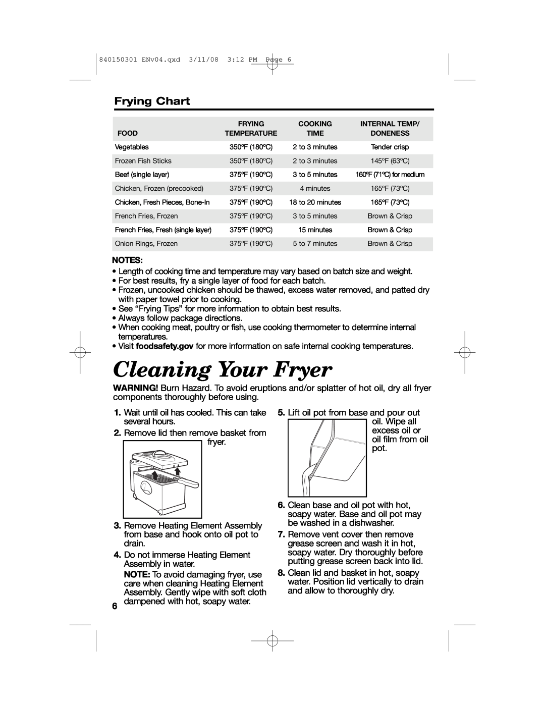 Hamilton Beach 35030C manual Cleaning Your Fryer, Frying Chart 