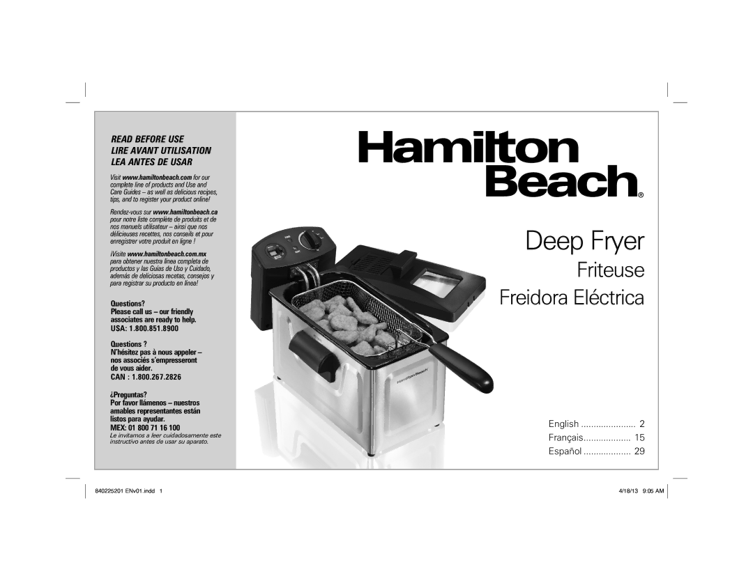 Hamilton Beach 35033 manual Deep Fryer 