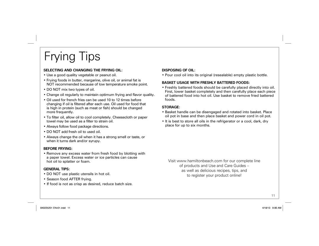 Hamilton Beach 35033 manual Frying Tips 