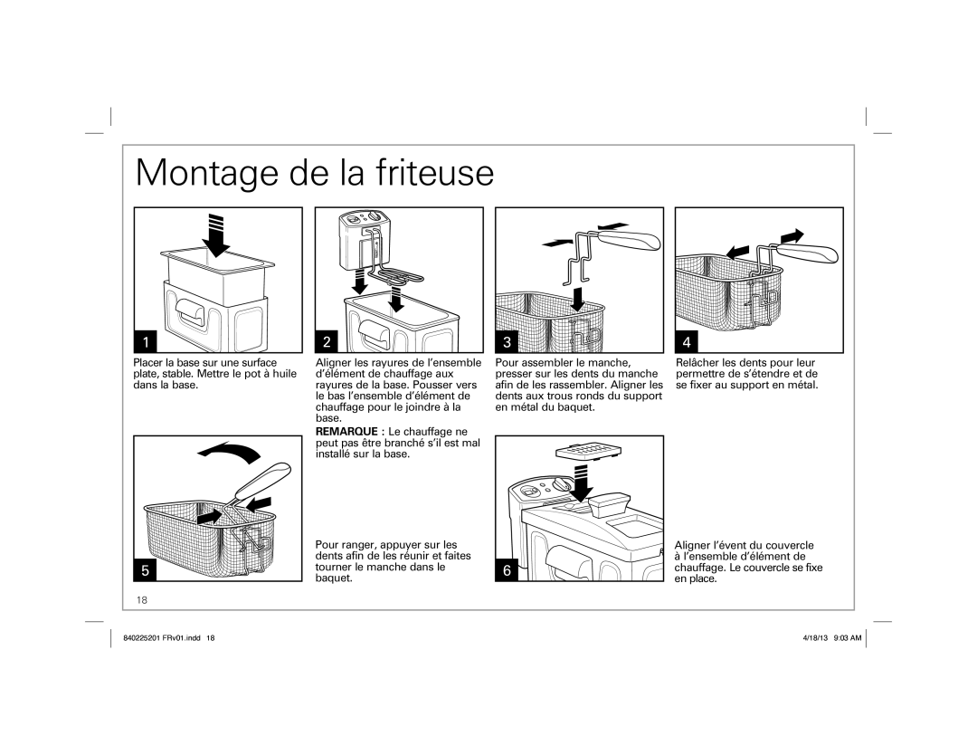 Hamilton Beach 35033 manual Montage de la friteuse 