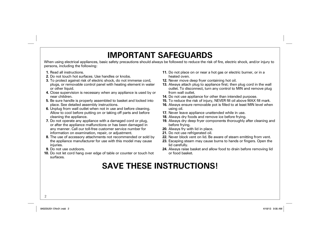 Hamilton Beach 35033 manual Important Safeguards 