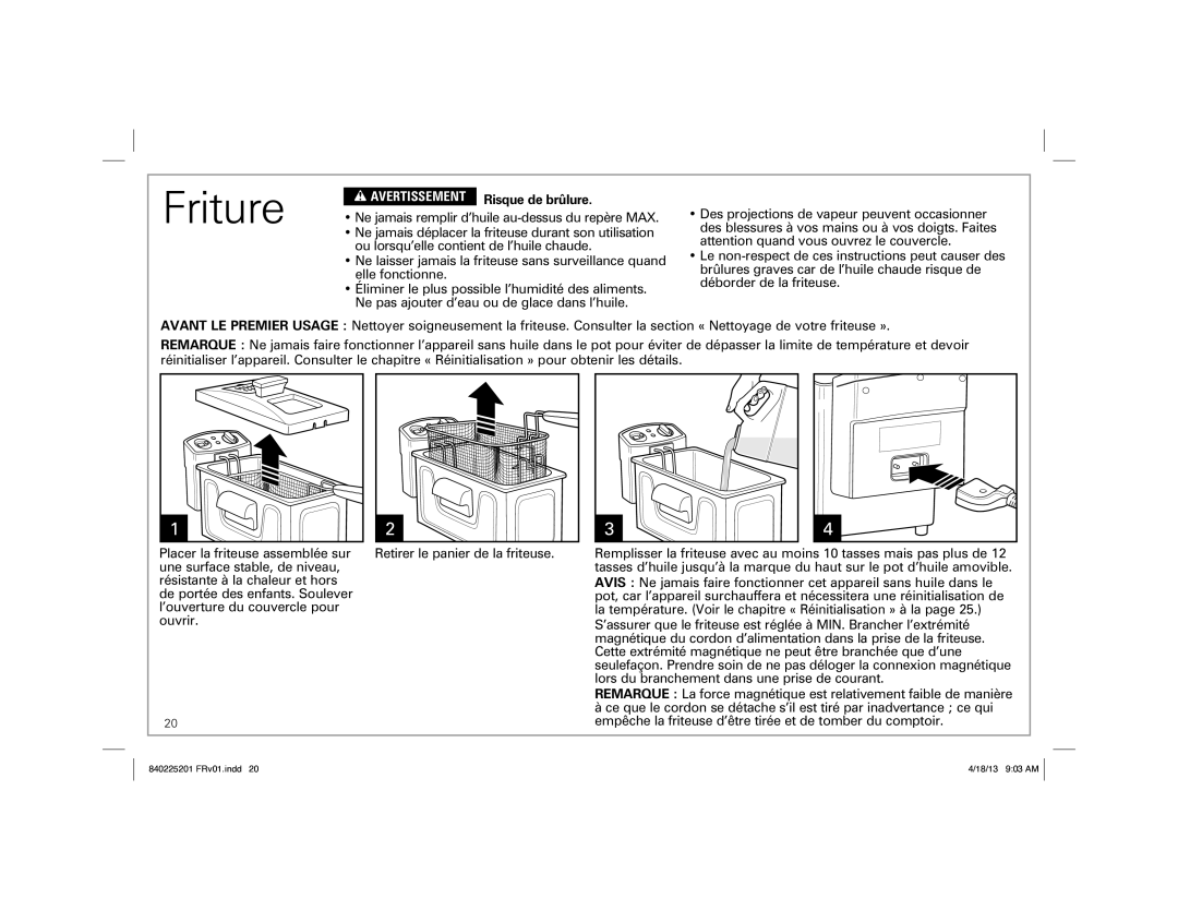 Hamilton Beach 35033 manual Friture, Risque de brûlure 