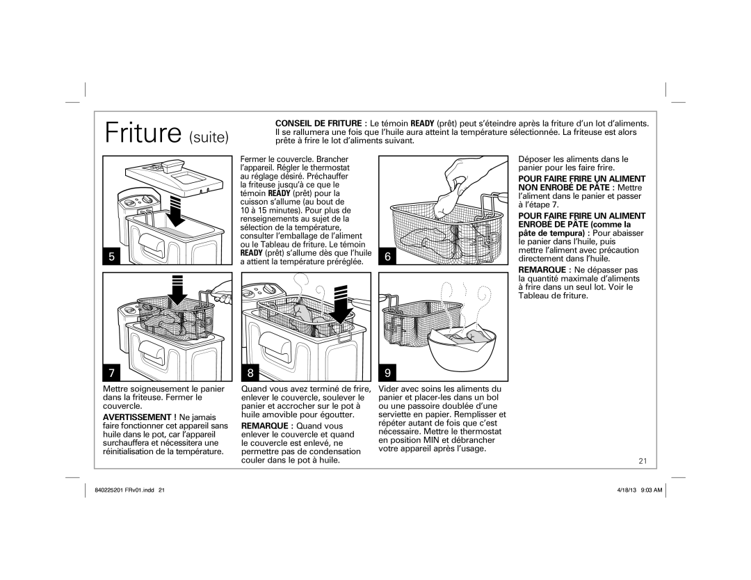 Hamilton Beach 35033 manual Friture suite 