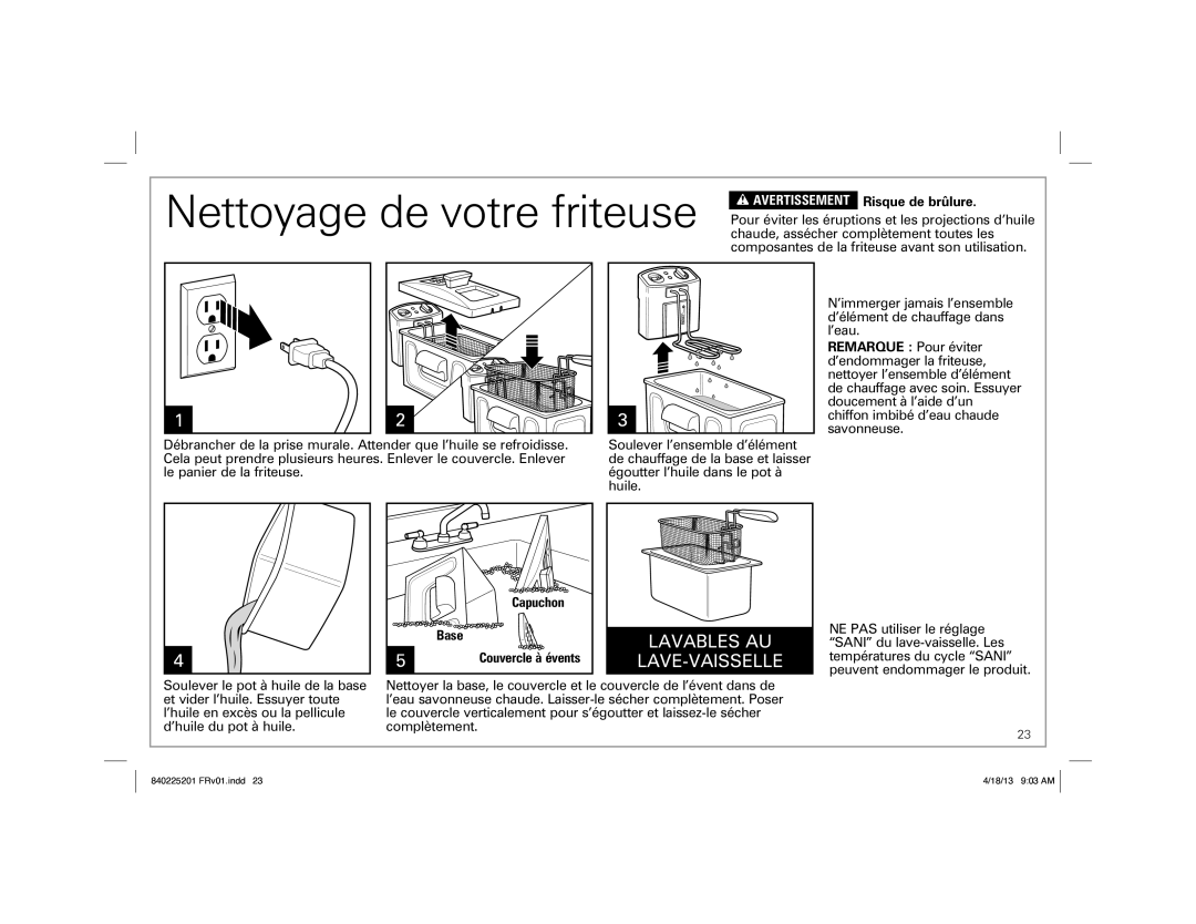 Hamilton Beach 35033 manual Nettoyage de votre friteuse, Capuchon 