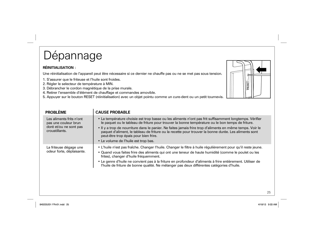 Hamilton Beach 35033 manual Dépannage, Réinitialisation 