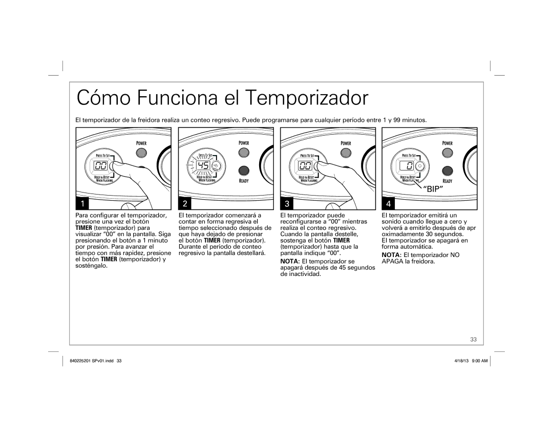 Hamilton Beach 35033 manual Cómo Funciona el Temporizador, Bip 