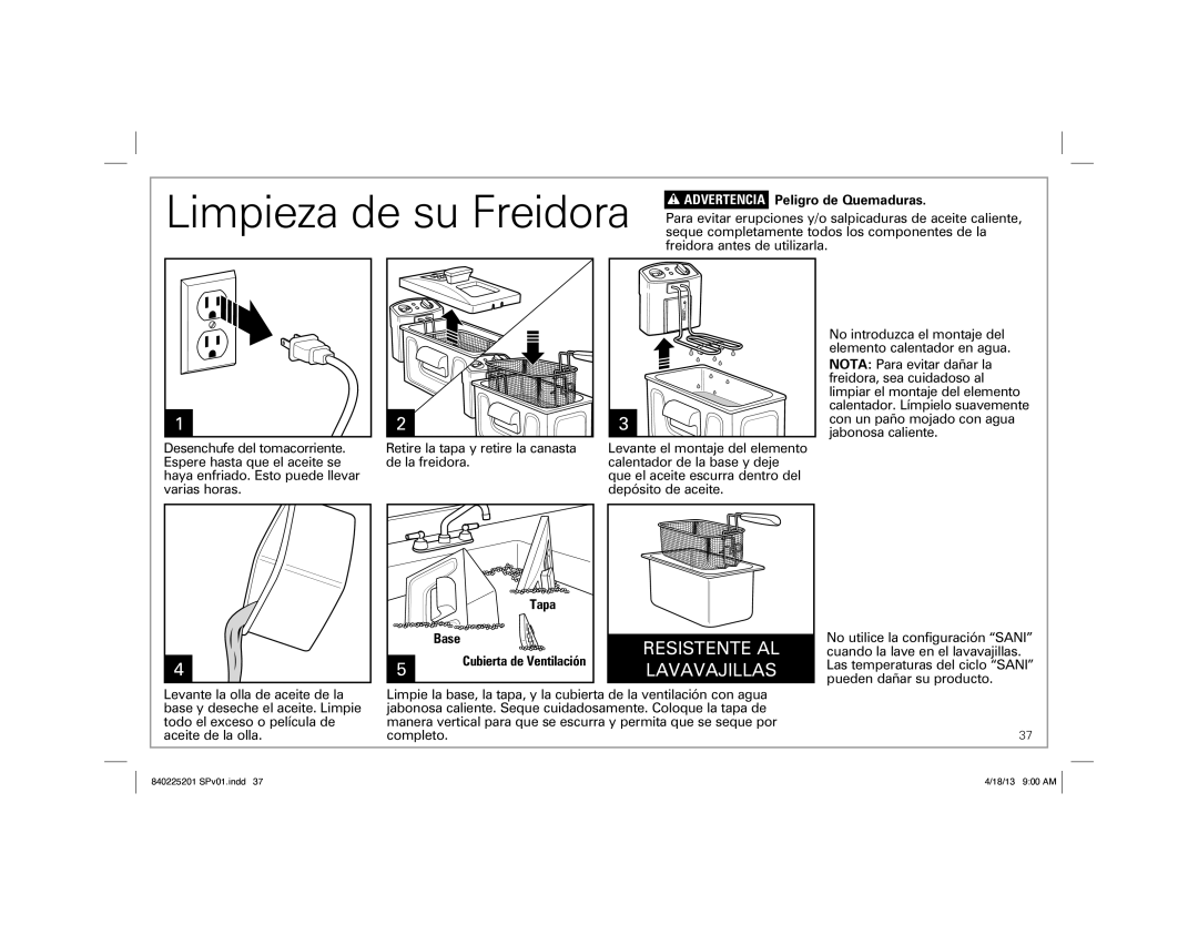 Hamilton Beach 35033 manual Limpieza de su Freidora, Peligro de Quemaduras, Tapa, Cubierta de Ventilación 