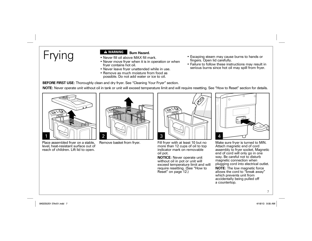 Hamilton Beach 35033 manual Frying, Burn Hazard 