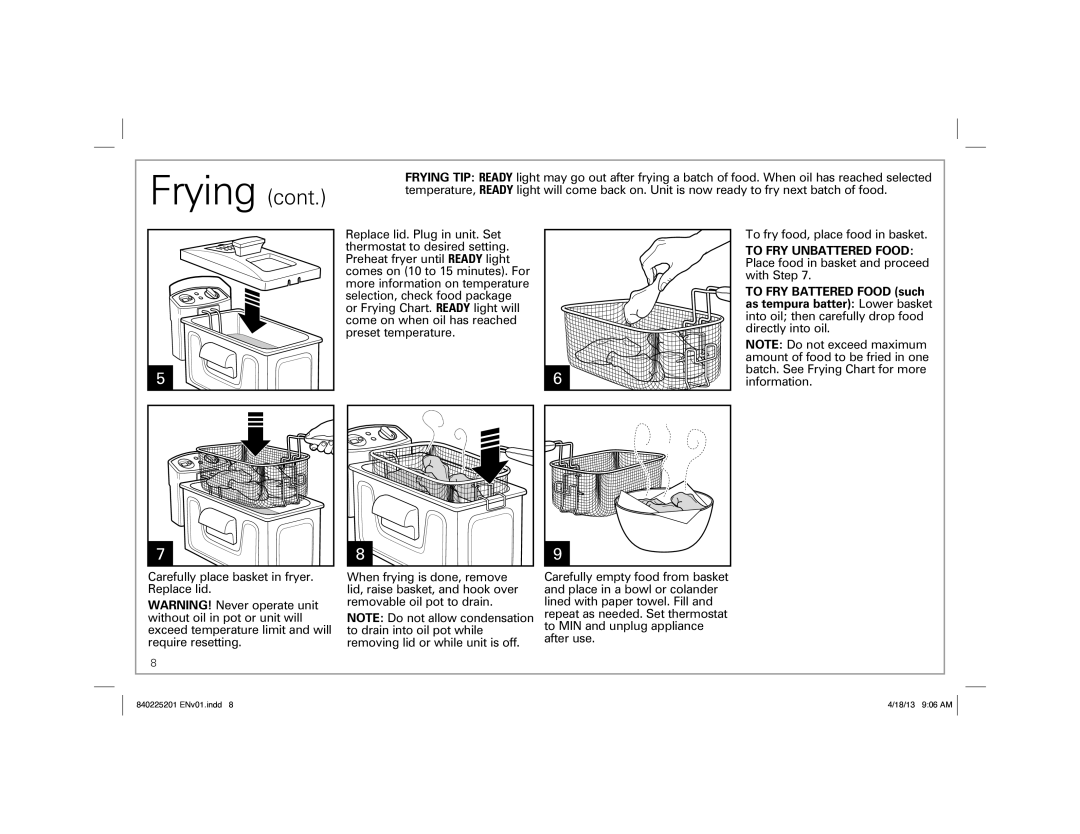 Hamilton Beach 35033 manual Frying 