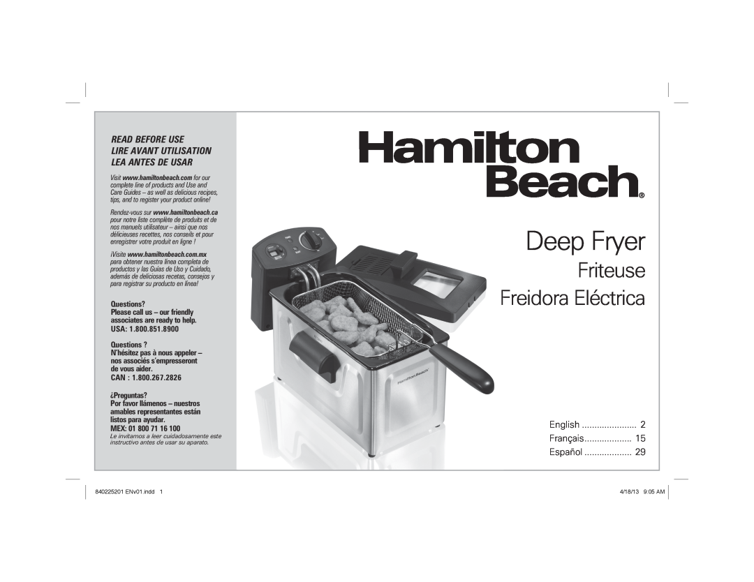 Hamilton Beach 35033 manual Deep Fryer, Friteuse Freidora Eléctrica, Read Before Use, Questions?, Questions ?, Mex 