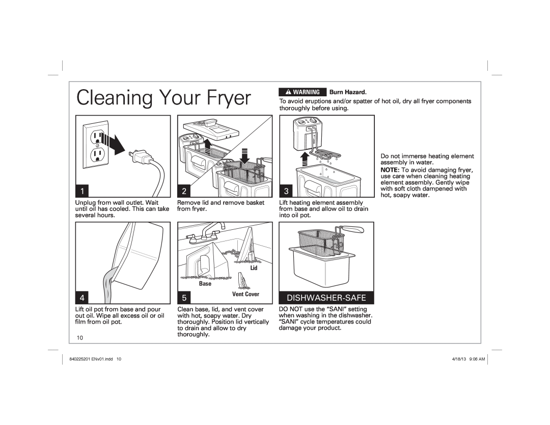 Hamilton Beach 35033 manual Cleaning Your Fryer, Dishwasher-Safe, wWARNING Burn Hazard, Base 