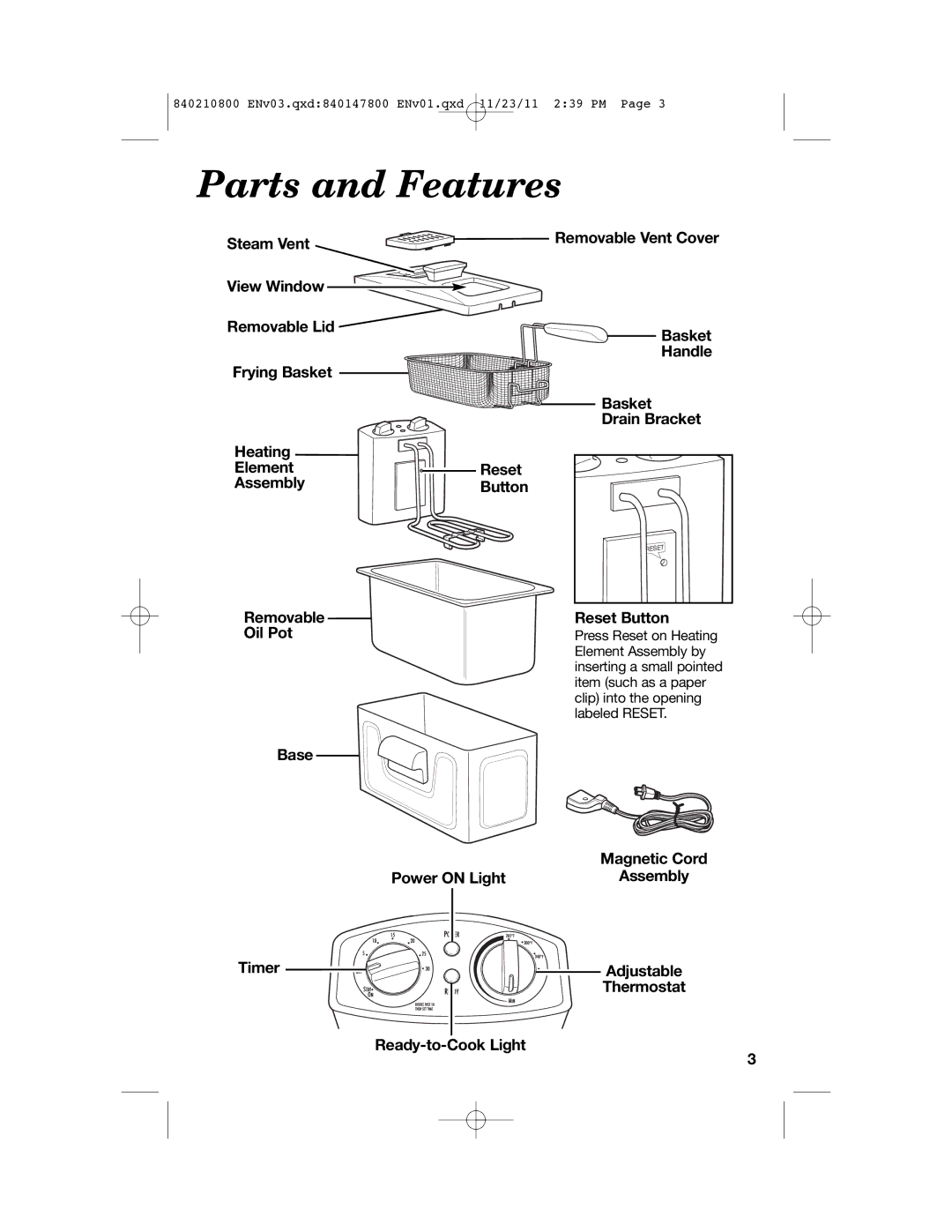 Hamilton Beach 35200 manual Parts and Features, Base, Power on Light Assembly Timer, Thermostat, Ready-to-Cook Light 