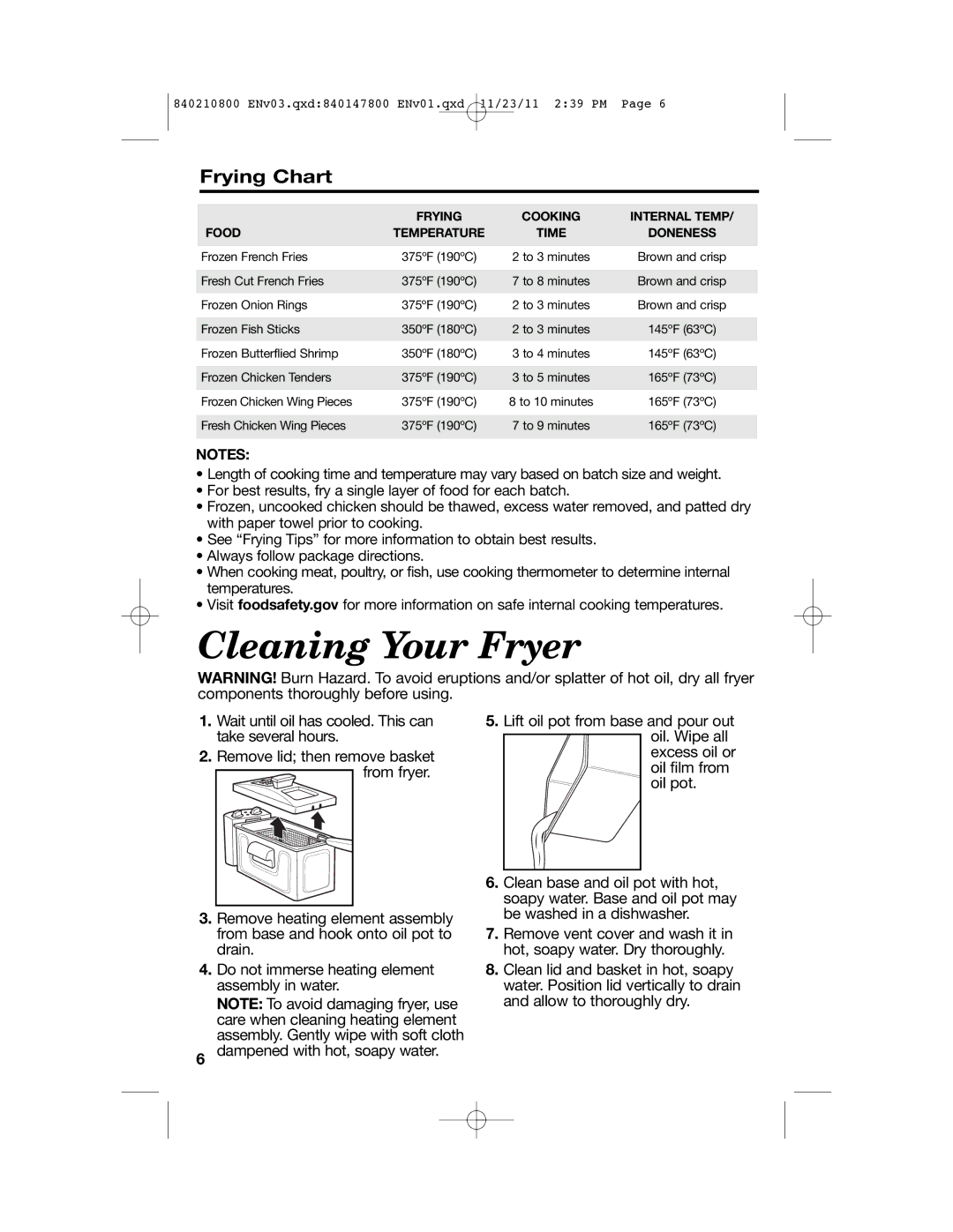 Hamilton Beach 35200 manual Cleaning Your Fryer, Frying Chart 