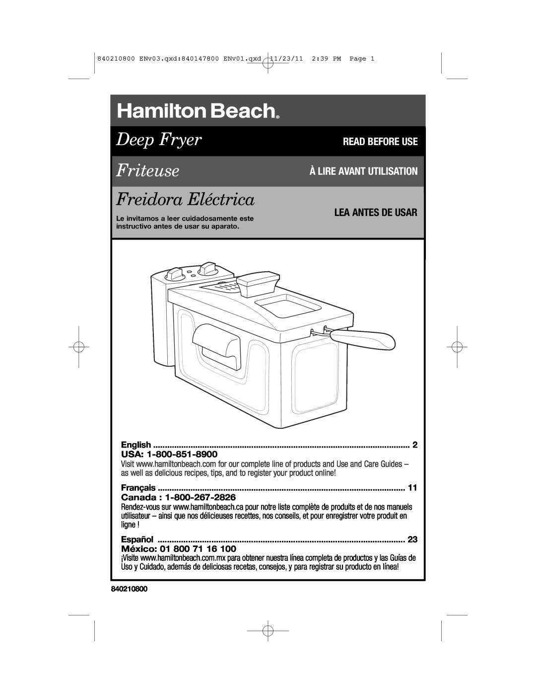 Hamilton Beach 35200 manual Deep Fryer Friteuse, Freidora Eléctrica, Read Before Use À Lire Avant Utilisation, English 