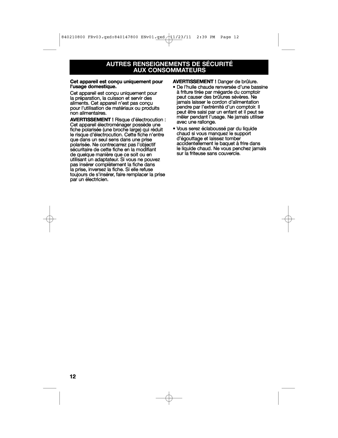 Hamilton Beach 35200 manual Autres Renseignements De Sécurité Aux Consommateurs 