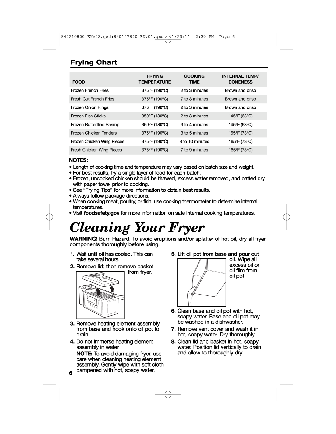 Hamilton Beach 35200 manual Cleaning Your Fryer, Frying Chart 