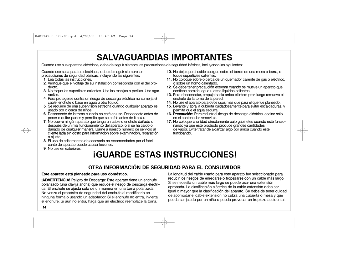 Hamilton Beach 37532 manual Salvaguardias Importantes, Este aparato está planeado para uso doméstico 