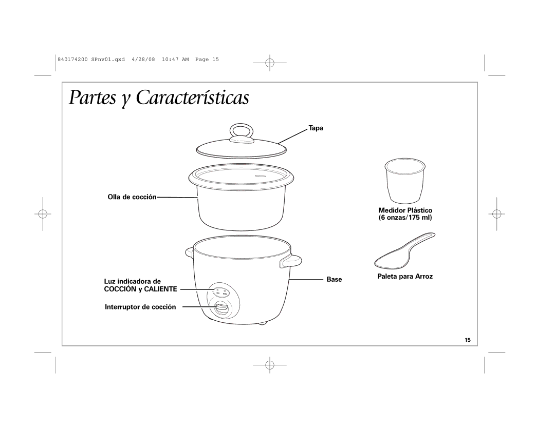 Hamilton Beach 37532 manual Partes y Características, Cocción y Caliente Interruptor de cocción, Paleta para Arroz 