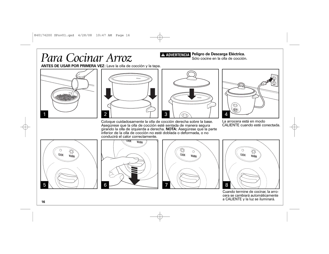 Hamilton Beach 37532 manual Para Cocinar Arroz, Peligro de Descarga Eléctrica 