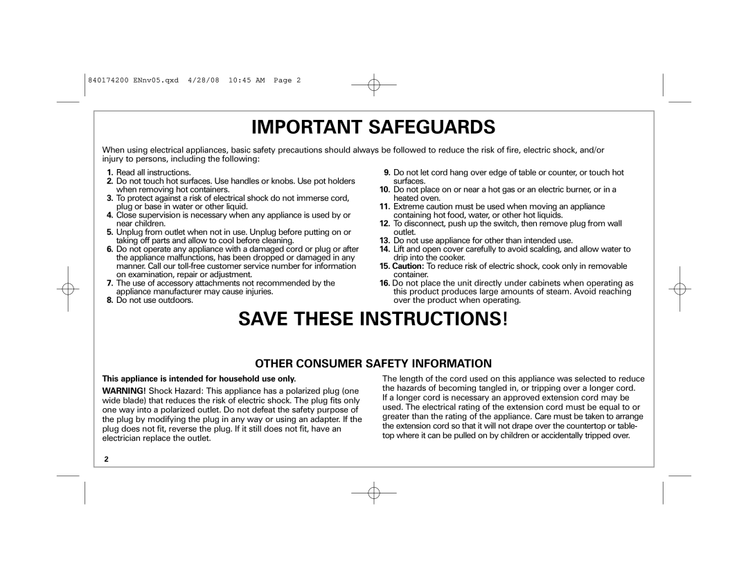 Hamilton Beach 37532 manual Important Safeguards, This appliance is intended for household use only 