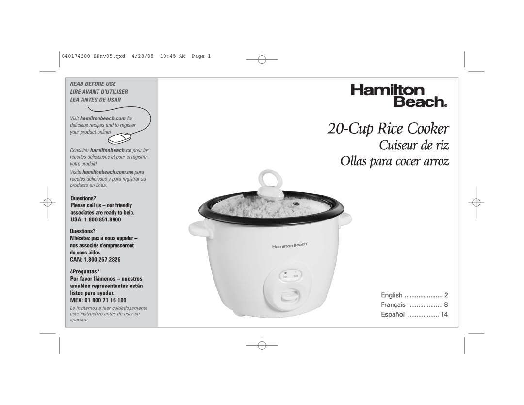 Hamilton Beach 37532 manual CupRice Cooker, Cuiseur de riz Ollas para cocer arroz, Read Before Use Lire Avant D’Utiliser 