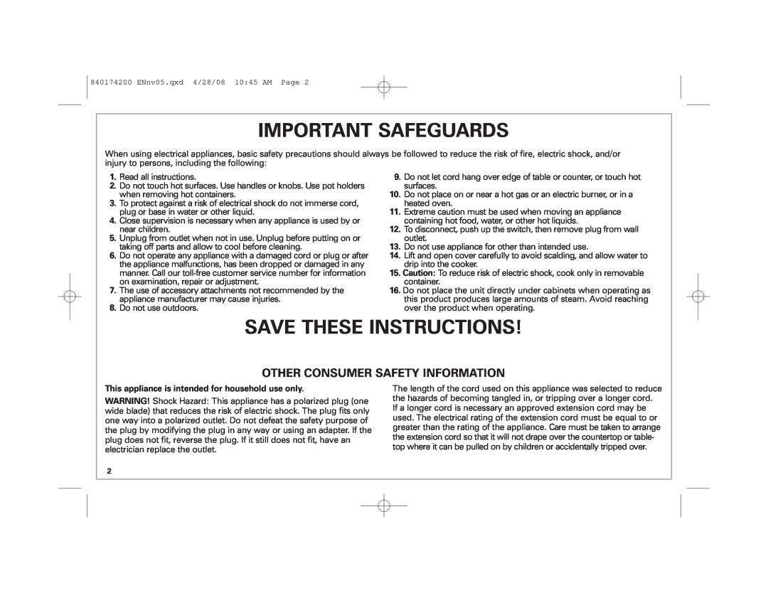 Hamilton Beach 37532 manual Important Safeguards, Save These Instructions, Other Consumer Safety Information 