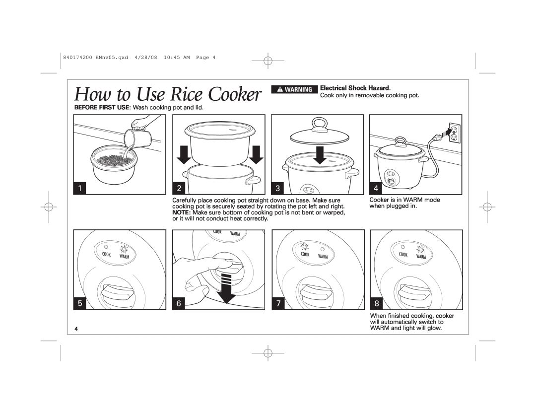 Hamilton Beach 37532 manual How to Use Rice Cooker, w WARNING, Electrical Shock Hazard 