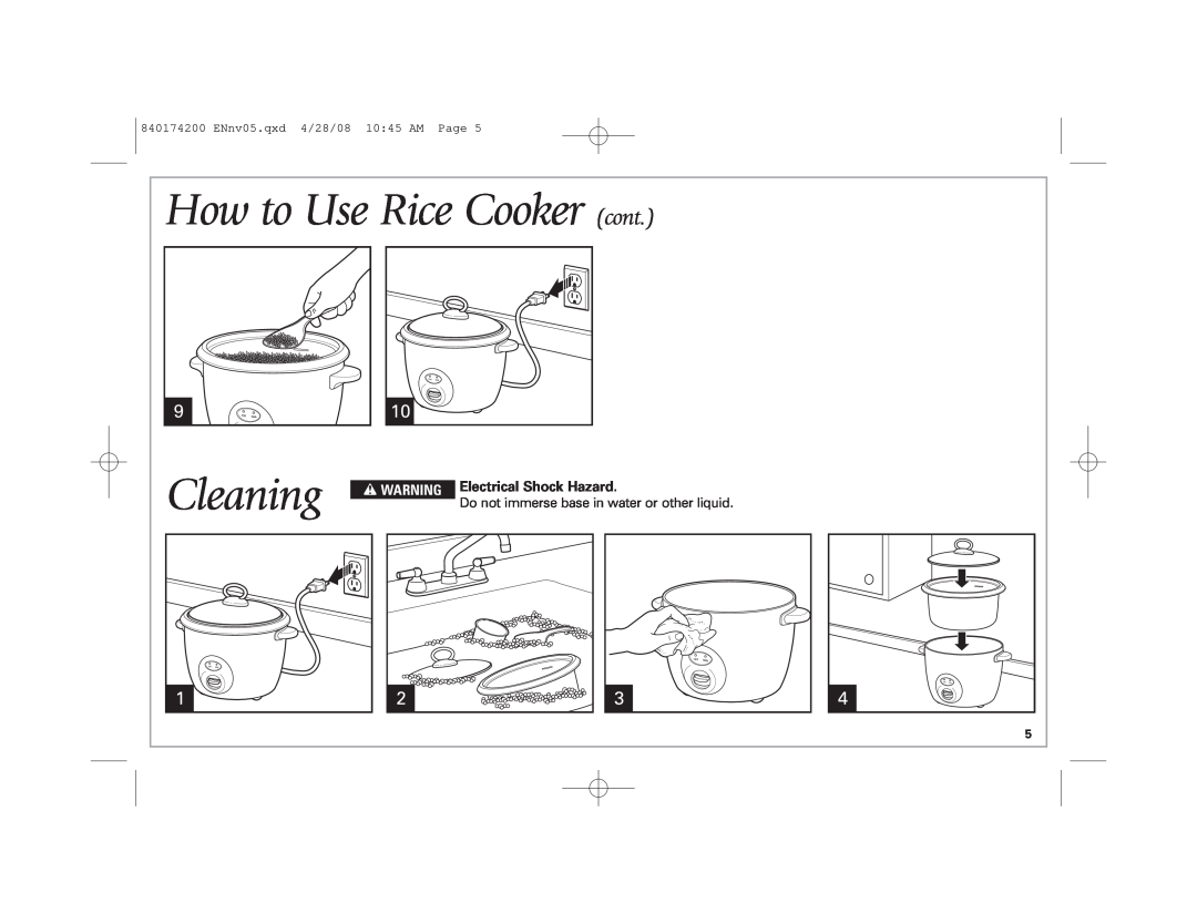 Hamilton Beach 37532 manual How to Use Rice Cooker cont, Cleaning, Electrical Shock Hazard, w WARNING, Cook Warm 
