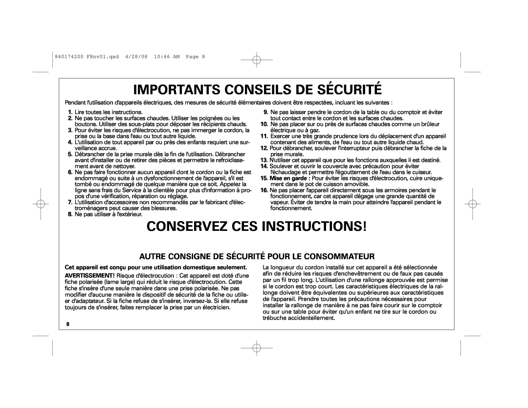 Hamilton Beach 37532 manual Importants Conseils De Sécurité, Conservez Ces Instructions 