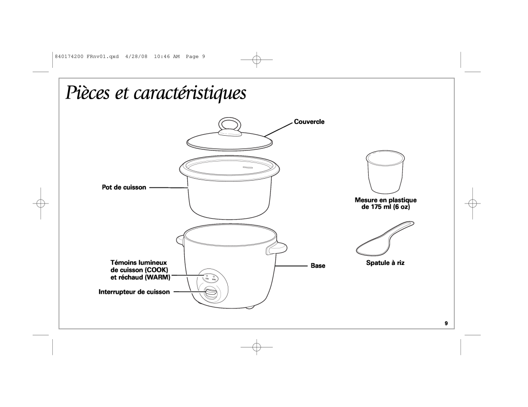 Hamilton Beach 37532 manual Pièces et caractéristiques, Couvercle Pot de cuisson, Témoins lumineux, de cuisson COOK 