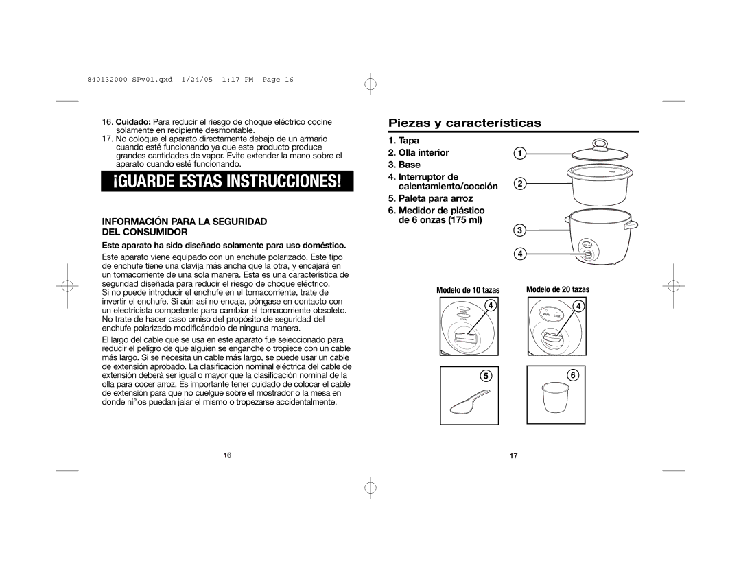 Hamilton Beach 37533 manual Piezas y características, Información Para LA Seguridad DEL Consumidor, Modelo de 10 tazas 