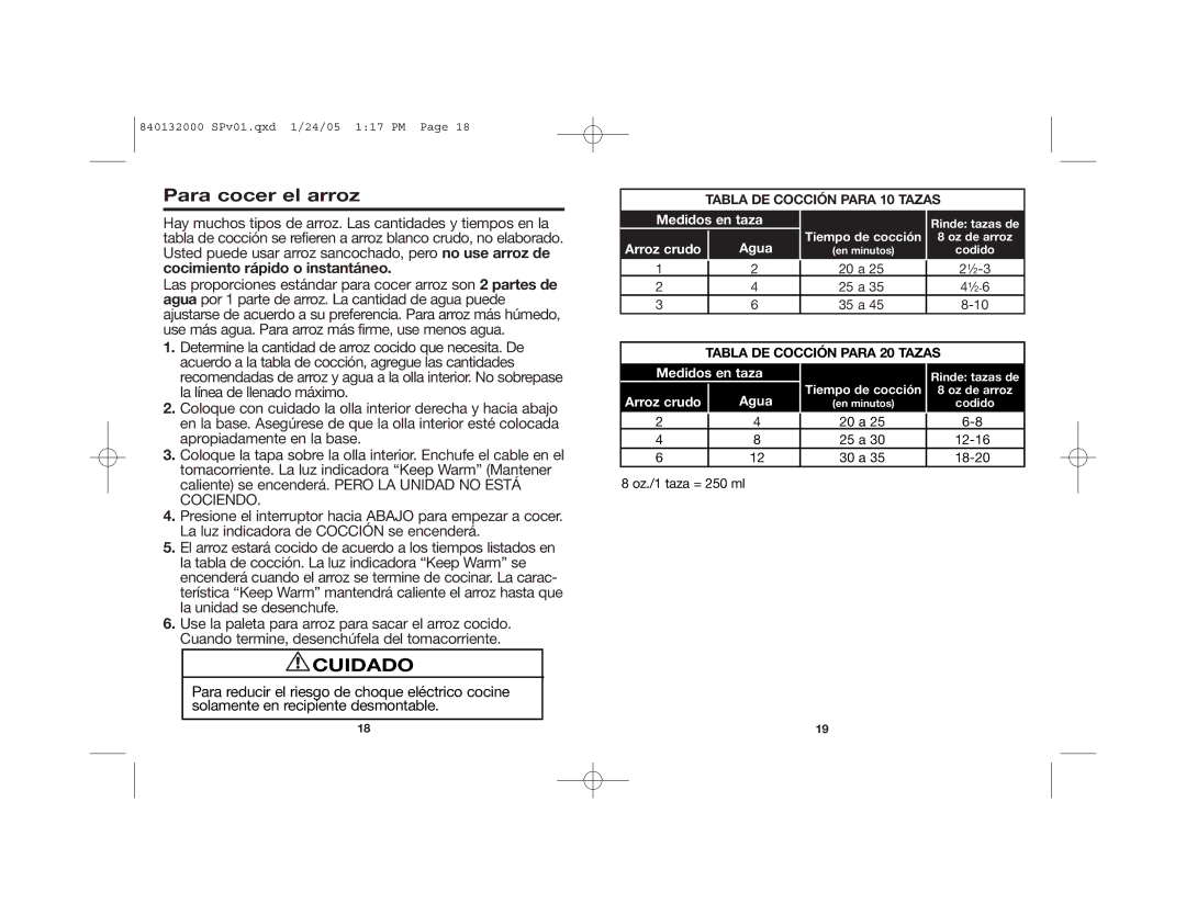 Hamilton Beach 37533 manual Para cocer el arroz, Cuidado, Tabla DE Cocción Para 10 Tazas, Tabla DE Cocción Para 20 Tazas 