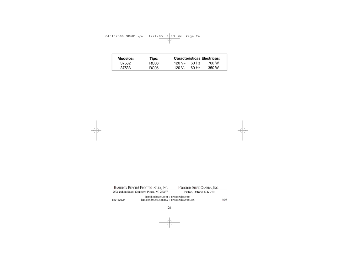 Hamilton Beach 37533 manual Modelos Tipo Características Eléctricas, RC05 120 V~ 60 Hz 350 W 