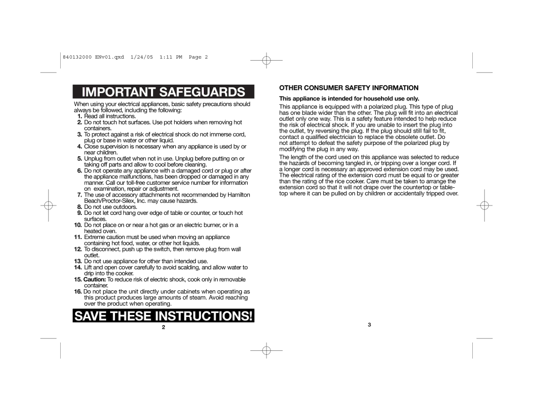 Hamilton Beach 37533 manual Other Consumer Safety Information, This appliance is intended for household use only 