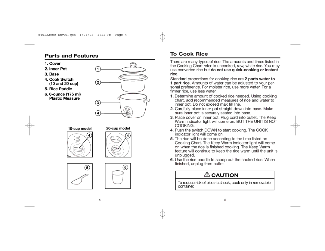 Hamilton Beach 37533 manual Parts and Features, To Cook Rice, Cup model 