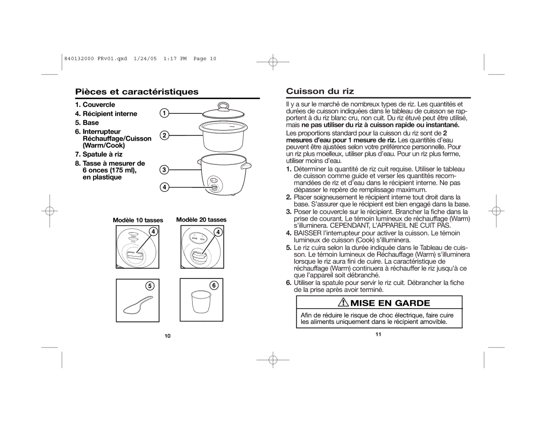 Hamilton Beach 37533 manual Pièces et caractéristiques, Cuisson du riz, Mise EN Garde, Modèle 10 tasses 