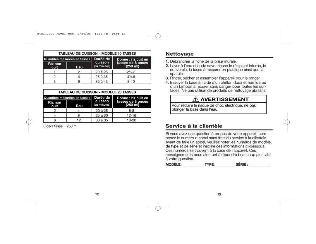 Hamilton Beach 37533 manual Nettoyage, Avertissement, Service à la clientèle, Tableau DE Cuisson Modèle 10 Tasses 