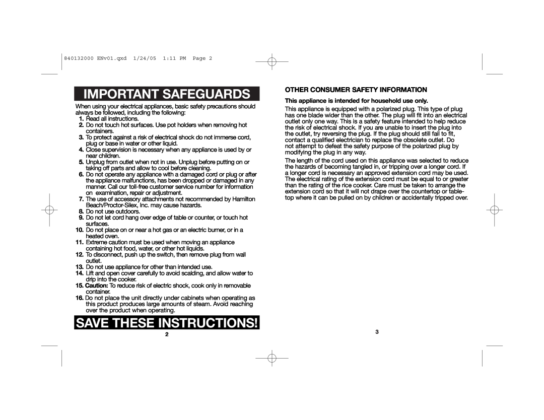Hamilton Beach 37533 manual Important Safeguards, Save These Instructions, Other Consumer Safety Information 