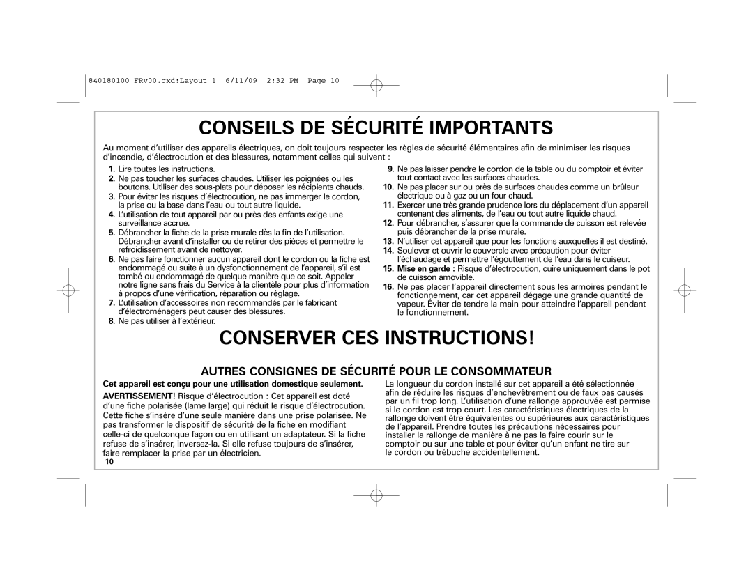 Hamilton Beach 37535 manual Conseils DE Sécurité Importants, Autres Consignes DE Sécurité Pour LE Consommateur 