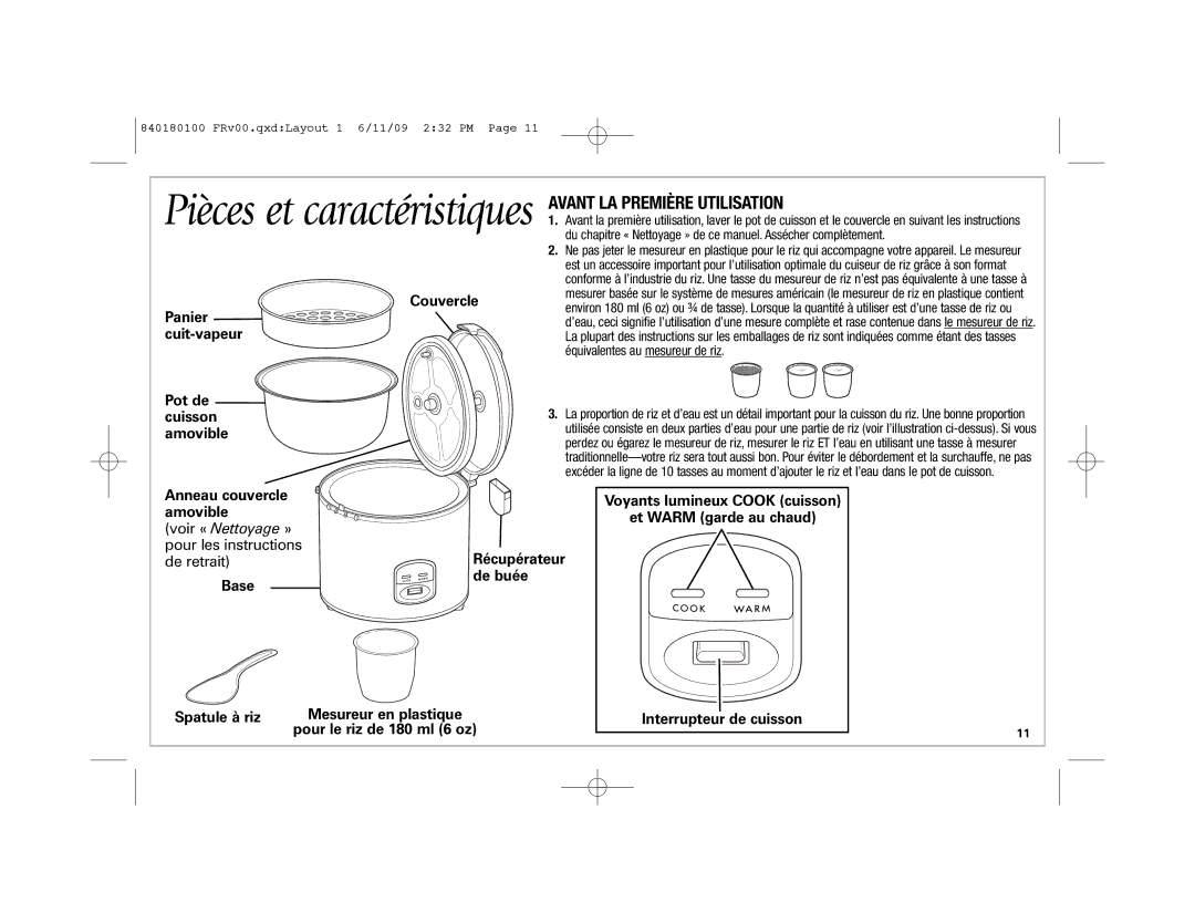 Hamilton Beach 37535 manual Avant LA Première Utilisation, Couvercle Panier cuit-vapeur Pot de cuisson Amovible, Base 