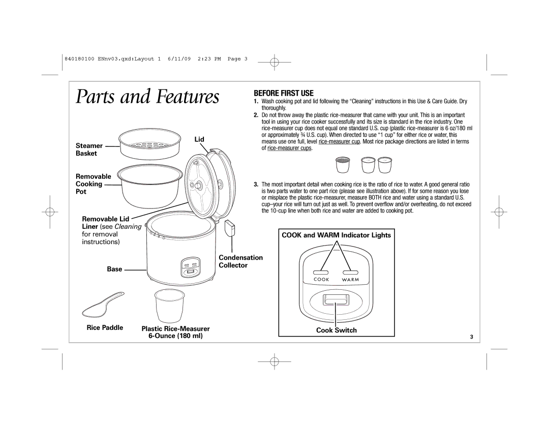 Hamilton Beach 37535 manual Parts and Features, Before First USE 