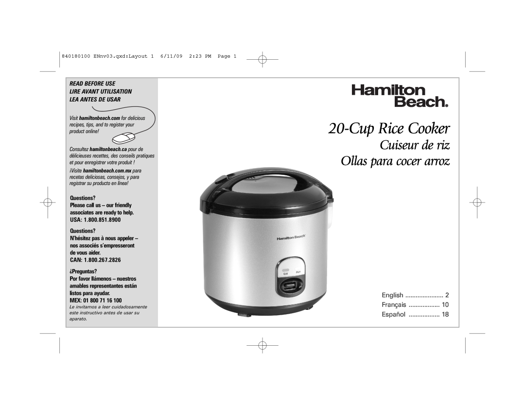 Hamilton Beach 37535 manual Cup Rice Cooker, Cuiseur de riz Ollas para cocer arroz, Questions?, CAN ¿Preguntas?, English 