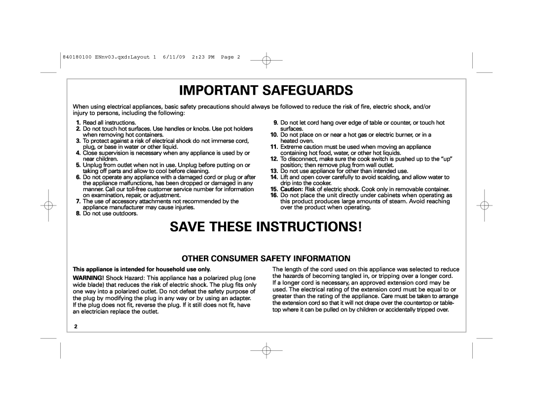 Hamilton Beach 37535 manual Important Safeguards, Save These Instructions, Other Consumer Safety Information 